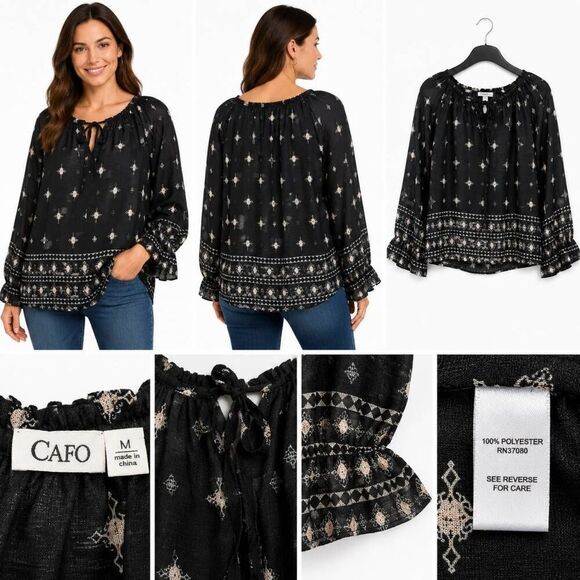 Cato Tops - Cato Black Boho Border Print Peasant Top Medium